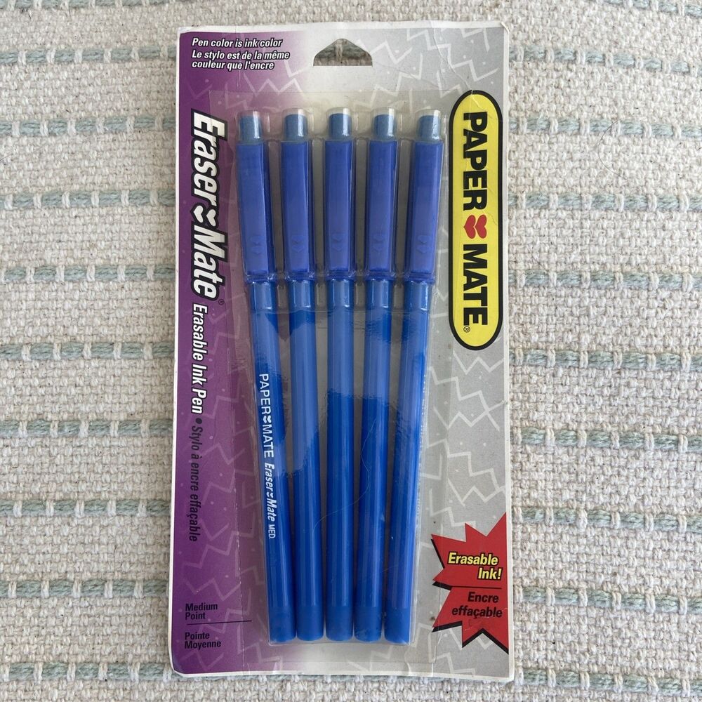 Erasable Paper Mate Pens Blue Ink Eraser Mate 5 Pack Vintage 1997 USA Made